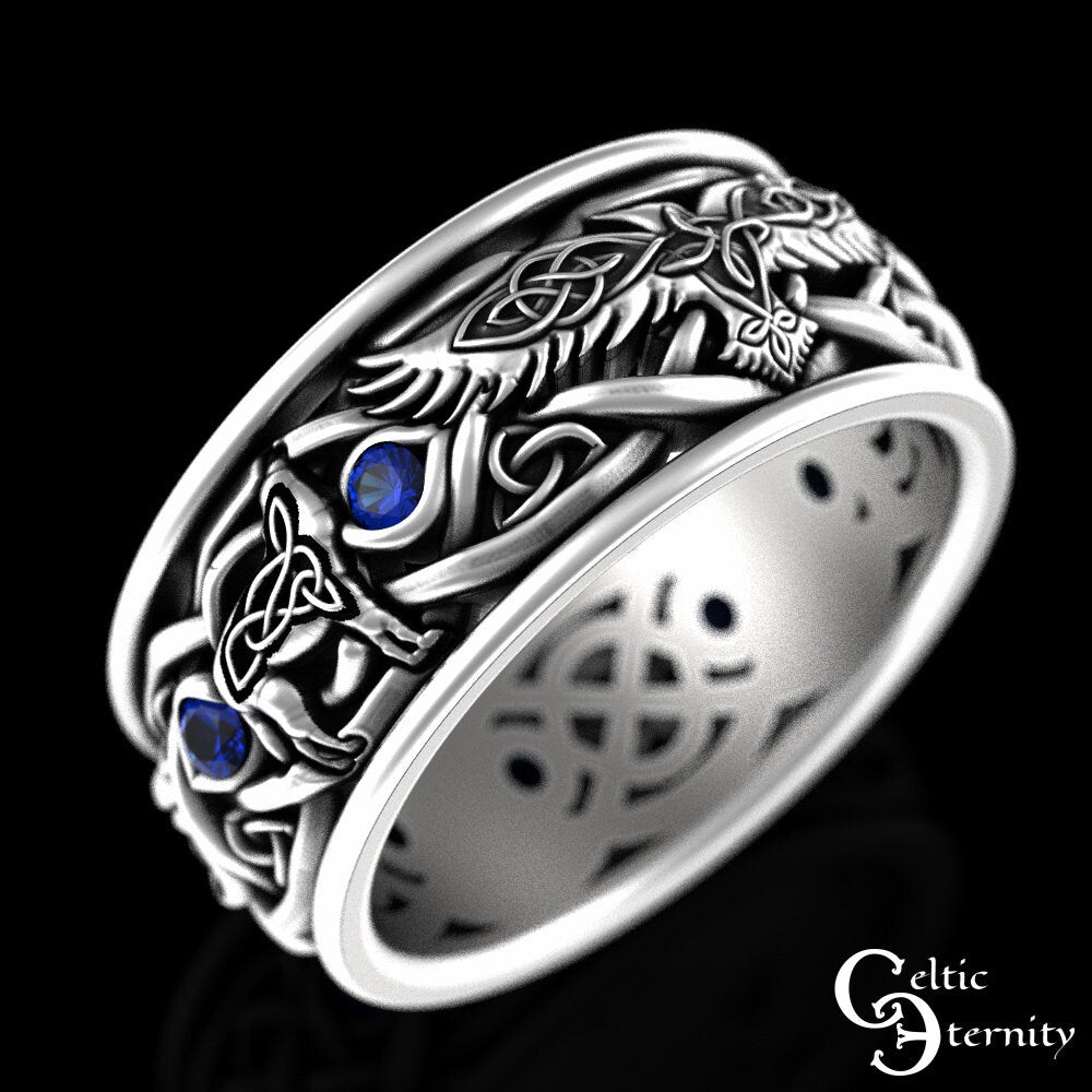 Sterling Raven Wolves Wedding Ring, Mens Wolf Wedding Ring, Sapphire Wolf Viking Ring, Viking Raven Ring, Silver Raven Wedding Ring, 4697