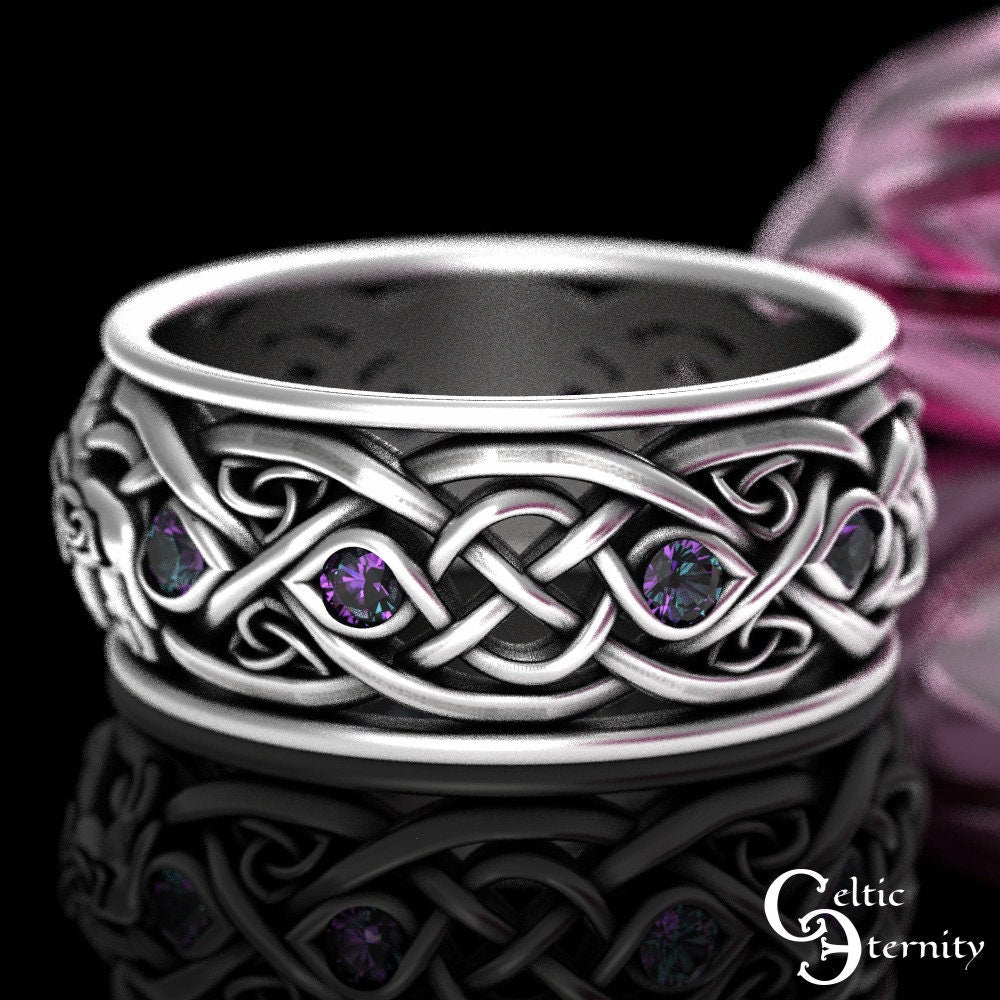 Mens Alexandrite Wolf Ring, Sterling Alexandrite Celtic Wedding Band, Mens Silver Wedding Ring, Viking Wolves Wedding Ring, Mens Ring, 1269