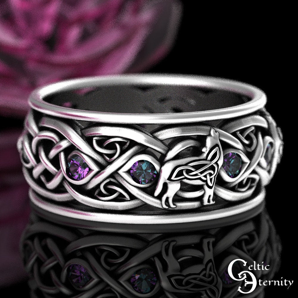 Mens Alexandrite Wolf Ring, Sterling Alexandrite Celtic Wedding Band, Mens Silver Wedding Ring, Viking Wolves Wedding Ring, Mens Ring, 1269