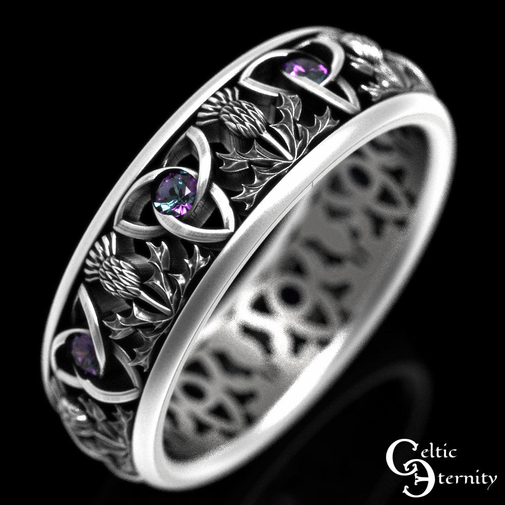 Alexandrite Trinity Celtic Ring, Sterling Scottish Wedding Ring, Classic Thistle Ring, Scottish Wedding Band, Thistle Wedding Band, 1812