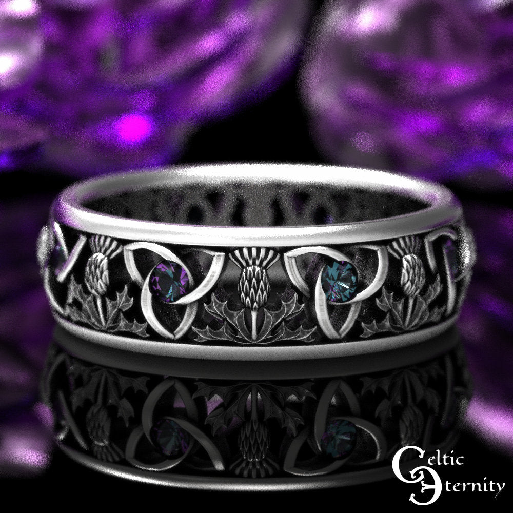 Alexandrite Trinity Celtic Ring, Sterling Scottish Wedding Ring, Classic Thistle Ring, Scottish Wedding Band, Thistle Wedding Band, 1812