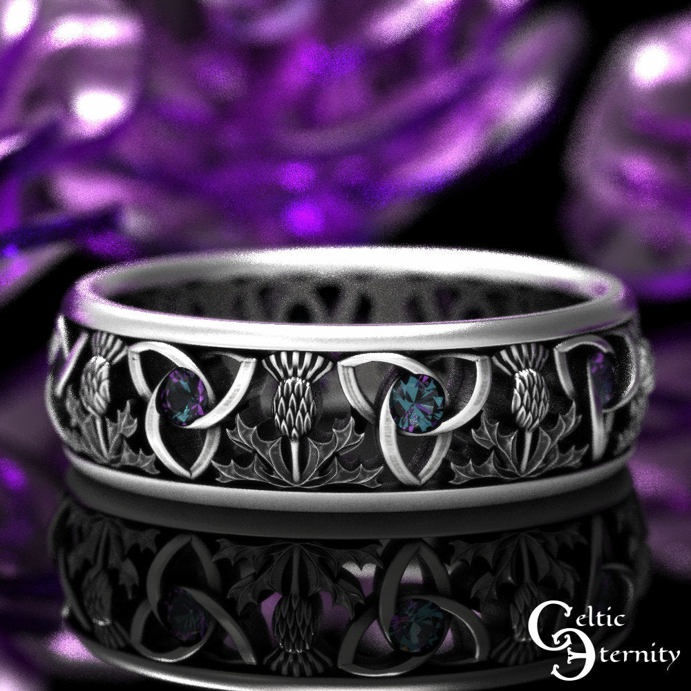 Alexandrite Trinity Celtic Ring, Sterling Scottish Wedding Ring, Classic Thistle Ring, Scottish Wedding Band, Thistle Wedding Band, 1812