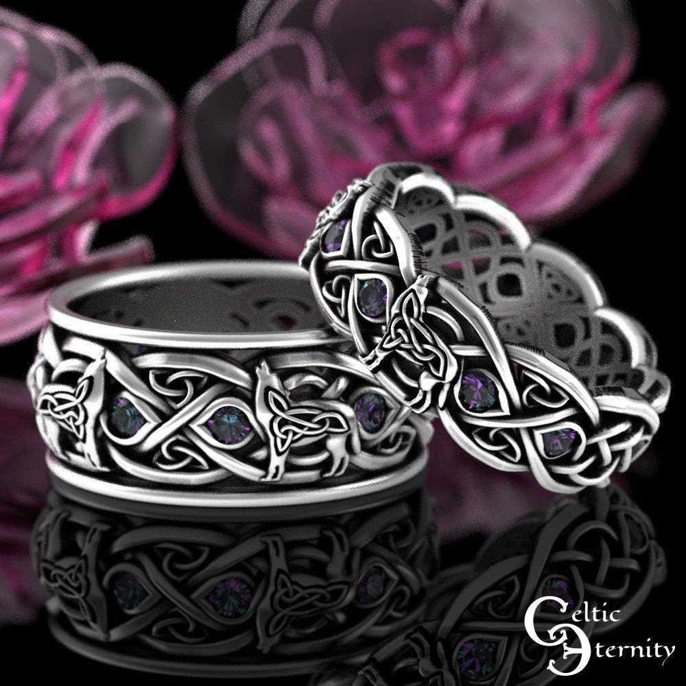 Mens Alexandrite Wolf Ring, Sterling Alexandrite Celtic Wedding Band, Mens Silver Wedding Ring, Viking Wolves Wedding Ring, Mens Ring, 1269
