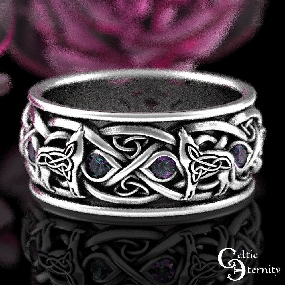 Mens Alexandrite Wolf Ring, Sterling Alexandrite Celtic Wedding Band, Mens Silver Wedding Ring, Viking Wolves Wedding Ring, Mens Ring, 1269