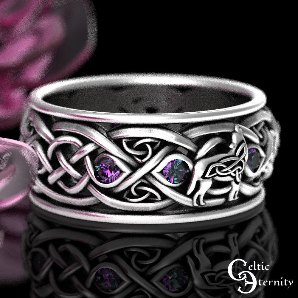 Mens Alexandrite Wolf Ring, Sterling Alexandrite Celtic Wedding Band, Mens Silver Wedding Ring, Viking Wolves Wedding Ring, Mens Ring, 1269