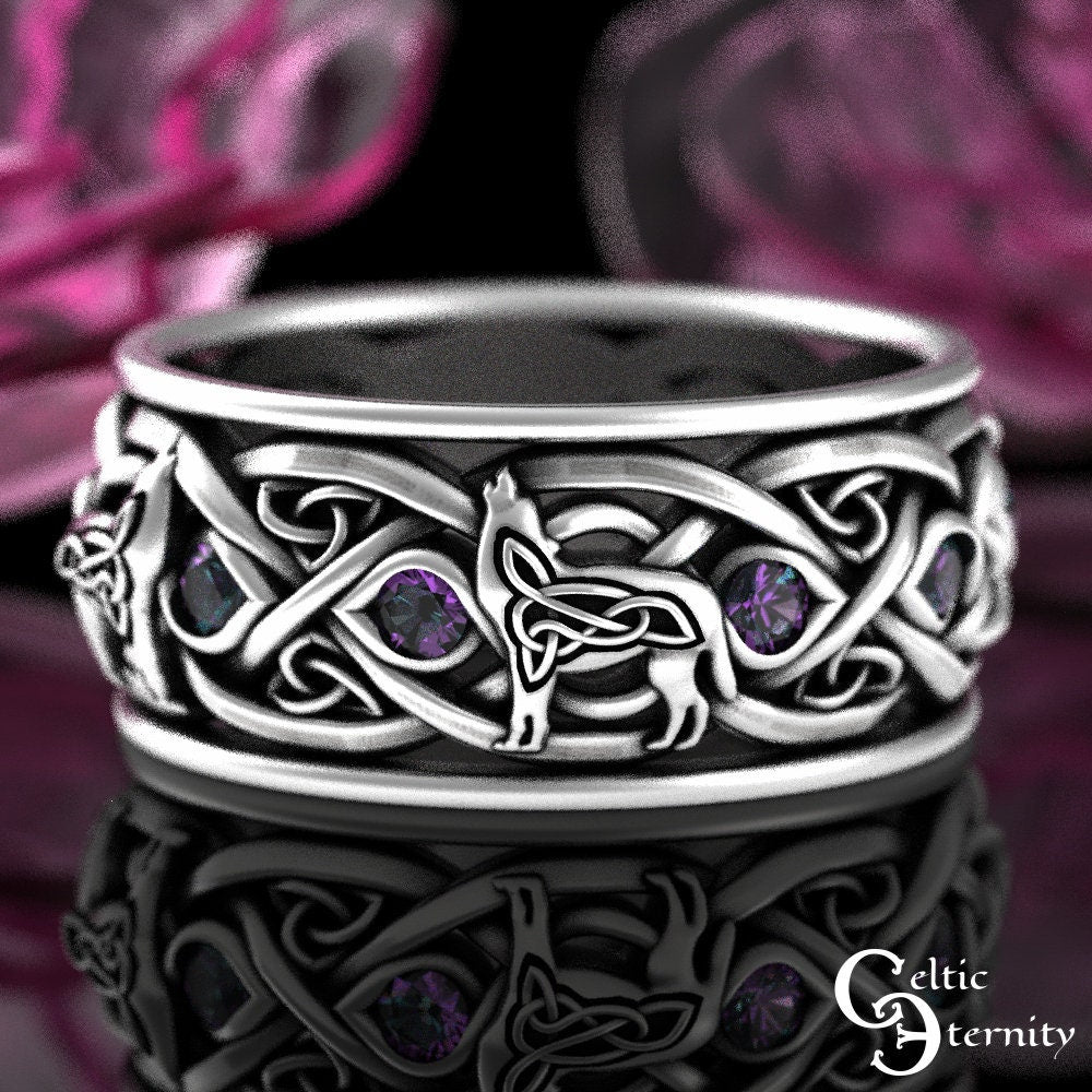 Mens Alexandrite Wolf Ring, Sterling Alexandrite Celtic Wedding Band, Mens Silver Wedding Ring, Viking Wolves Wedding Ring, Mens Ring, 1269