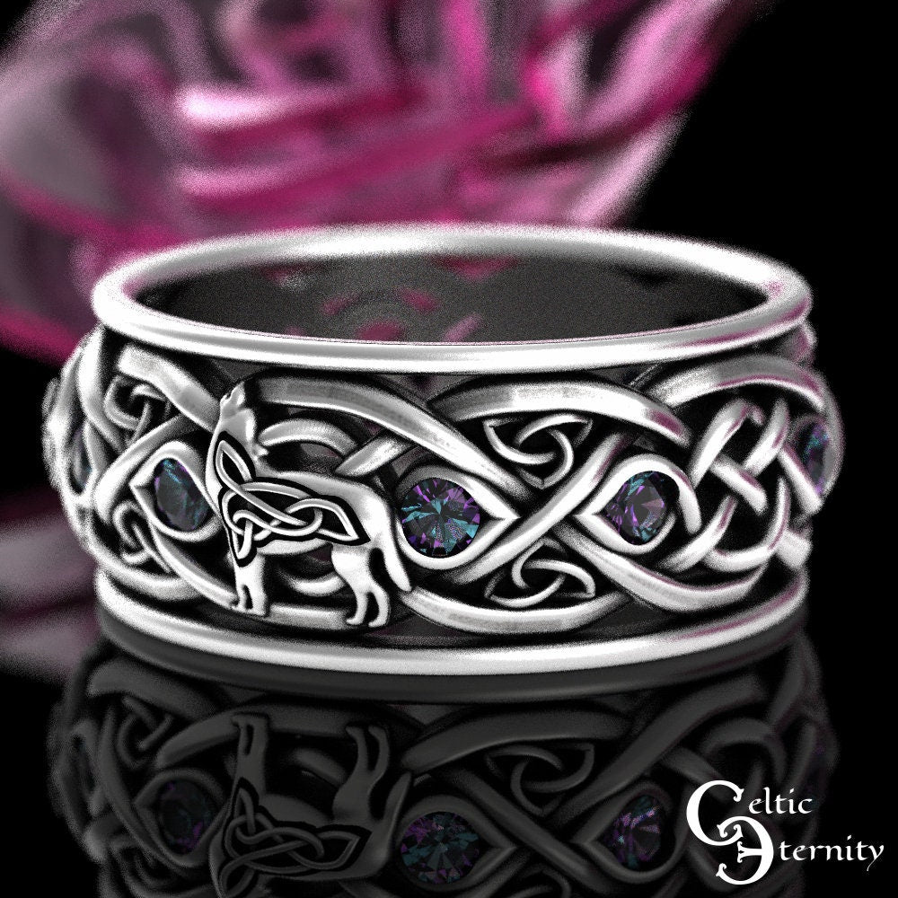 Mens Alexandrite Wolf Ring, Sterling Alexandrite Celtic Wedding Band, Mens Silver Wedding Ring, Viking Wolves Wedding Ring, Mens Ring, 1269