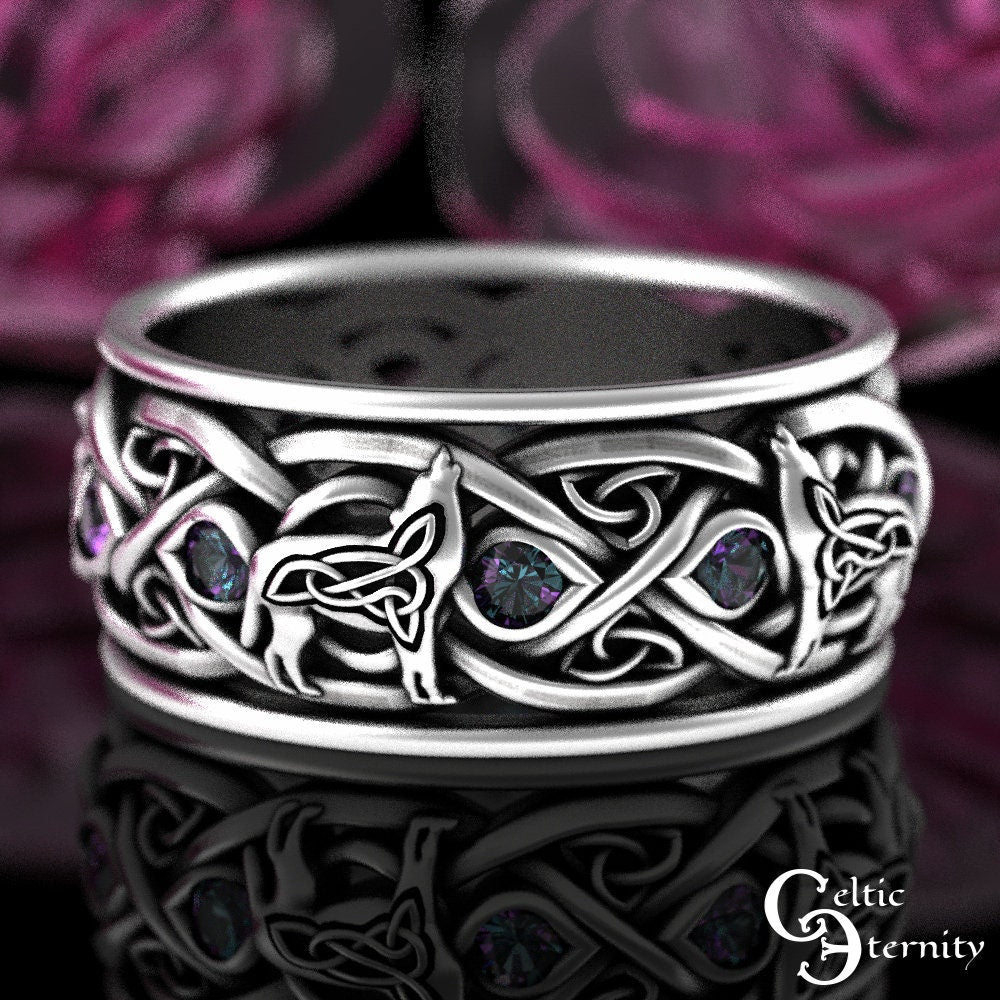 Mens Alexandrite Wolf Ring, Sterling Alexandrite Celtic Wedding Band, Mens Silver Wedding Ring, Viking Wolves Wedding Ring, Mens Ring, 1269