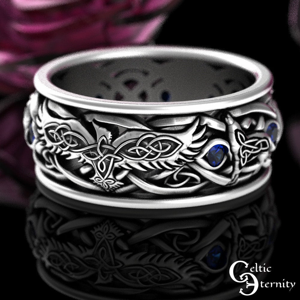 Sterling Raven Wolves Wedding Ring, Mens Wolf Wedding Ring, Sapphire Wolf Viking Ring, Viking Raven Ring, Silver Raven Wedding Ring, 4697