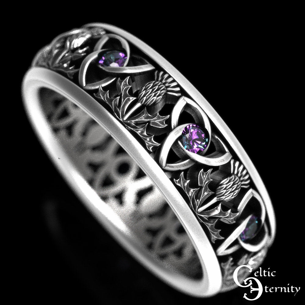 Alexandrite Trinity Celtic Ring, Sterling Scottish Wedding Ring, Classic Thistle Ring, Scottish Wedding Band, Thistle Wedding Band, 1812