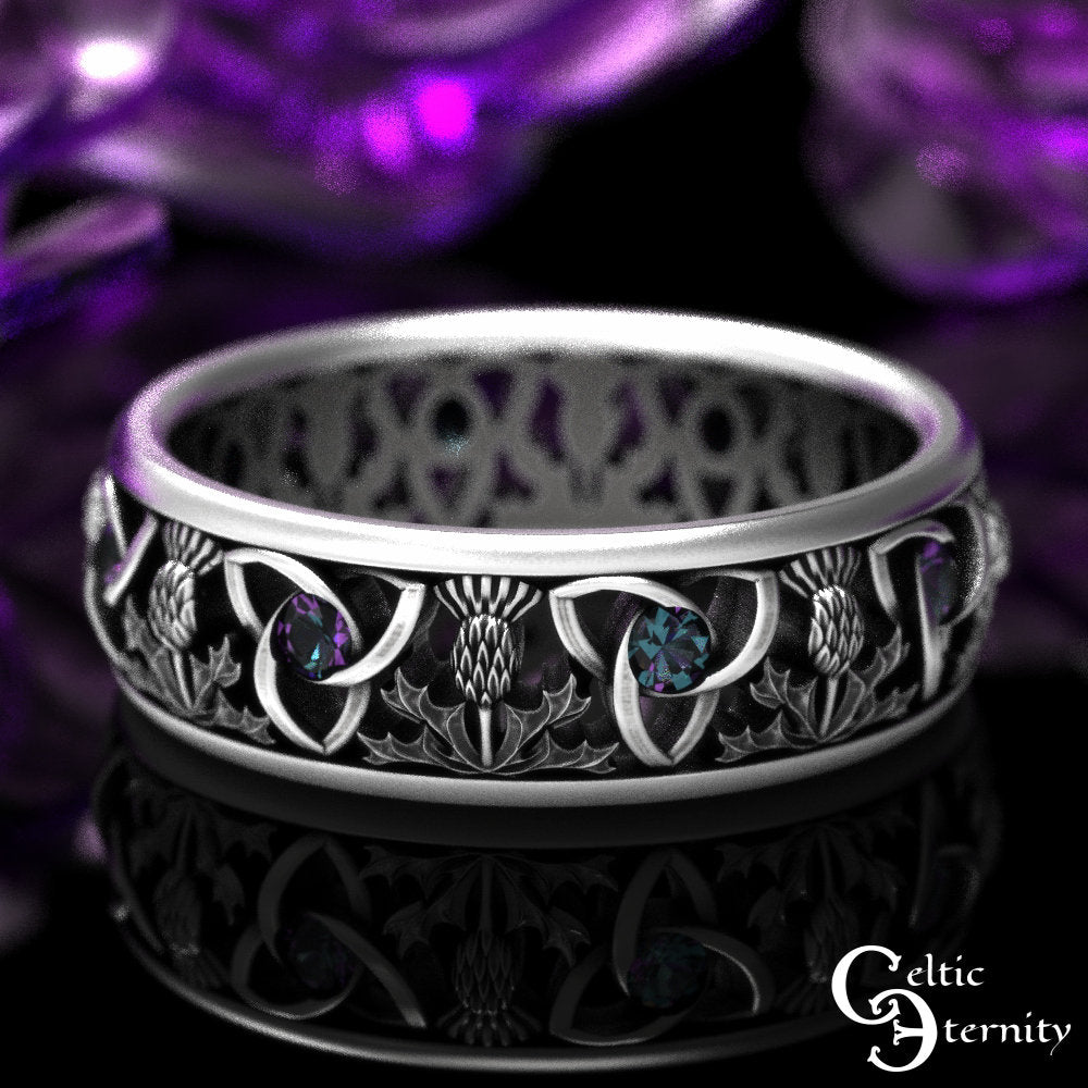 Alexandrite Trinity Celtic Ring, Sterling Scottish Wedding Ring, Classic Thistle Ring, Scottish Wedding Band, Thistle Wedding Band, 1812