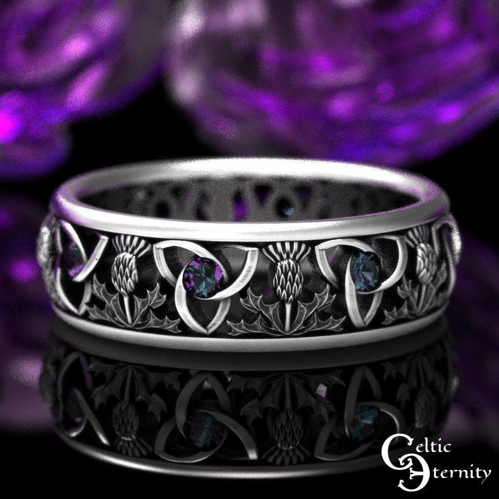 Alexandrite Trinity Celtic Ring, Sterling Scottish Wedding Ring, Classic Thistle Ring, Scottish Wedding Band, Thistle Wedding Band, 1812