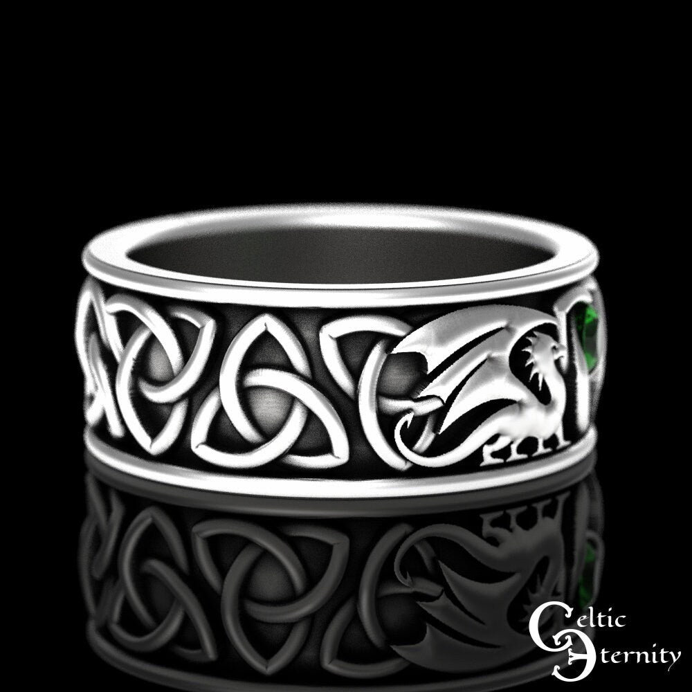 Emerald Dragon Ring, Celtic Dragon Wedding Band, Sterling Mens Dragon Ring, Emerald Irish Dragon Ring, Silver Dragon Wedding Ring, 3052