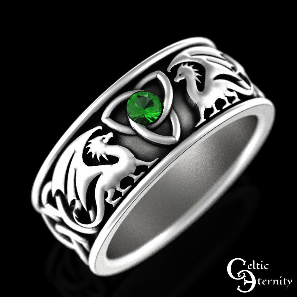 Emerald Dragon Ring, Celtic Dragon Wedding Band, Sterling Mens Dragon Ring, Emerald Irish Dragon Ring, Silver Dragon Wedding Ring, 3052