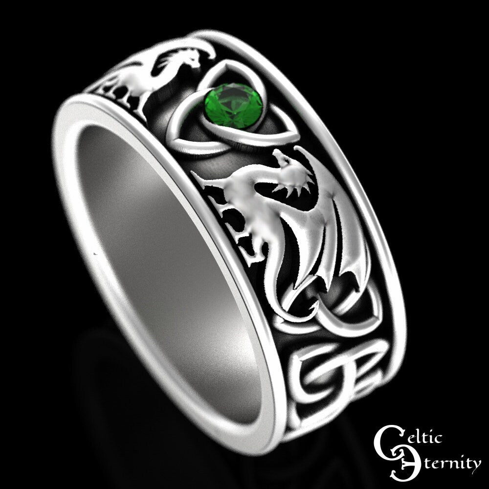 Emerald Dragon Ring, Celtic Dragon Wedding Band, Sterling Mens Dragon Ring, Emerald Irish Dragon Ring, Silver Dragon Wedding Ring, 3052