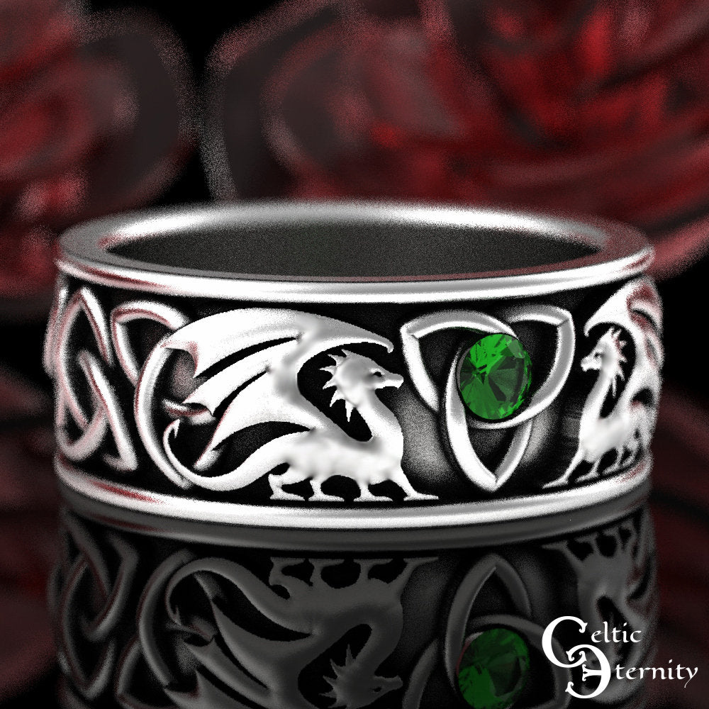 Emerald Dragon Ring, Celtic Dragon Wedding Band, Sterling Mens Dragon Ring, Emerald Irish Dragon Ring, Silver Dragon Wedding Ring, 3052