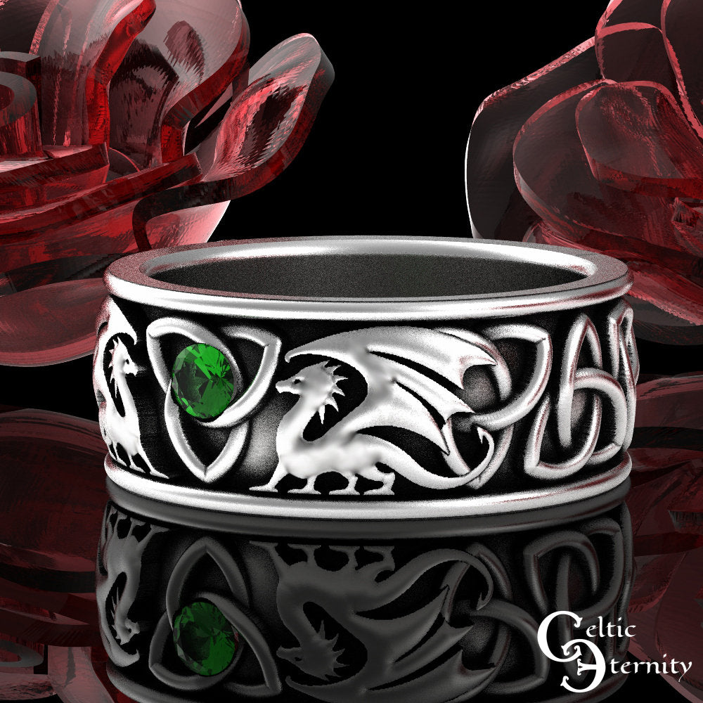 Emerald Dragon Ring, Celtic Dragon Wedding Band, Sterling Mens Dragon Ring, Emerald Irish Dragon Ring, Silver Dragon Wedding Ring, 3052