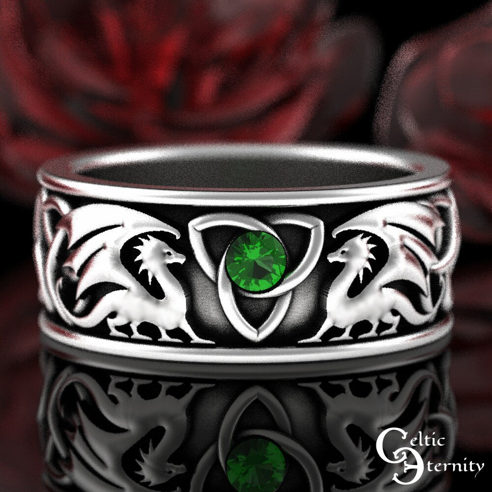Emerald Dragon Ring, Celtic Dragon Wedding Band, Sterling Mens Dragon Ring, Emerald Irish Dragon Ring, Silver Dragon Wedding Ring, 3052