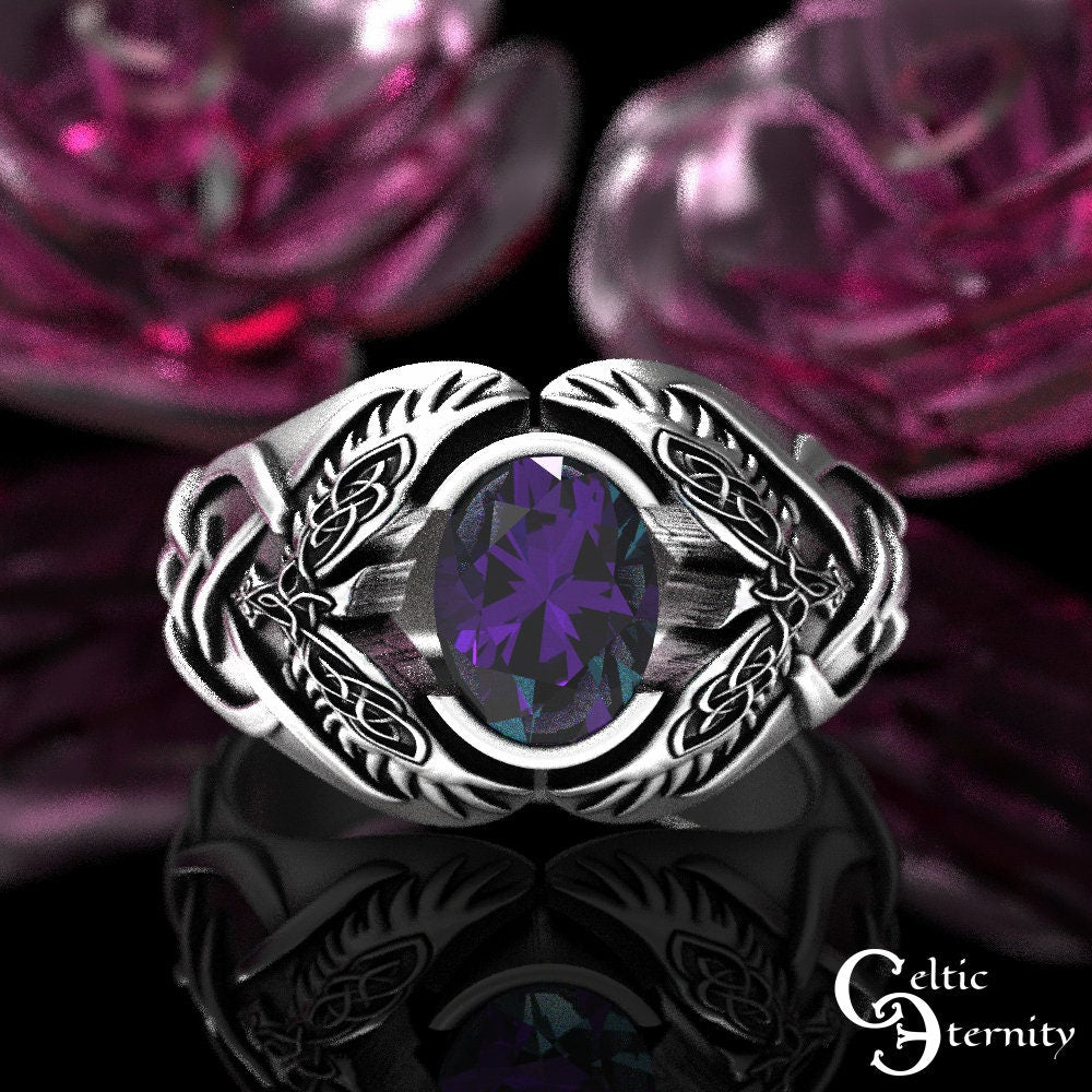 Sterling Viking Raven Ring, Alexandrite Mens Ring, Odin Raven Ring, Men Viking Ring, Celtic Wedding Band, Alexandrite Statement Ring, 1477