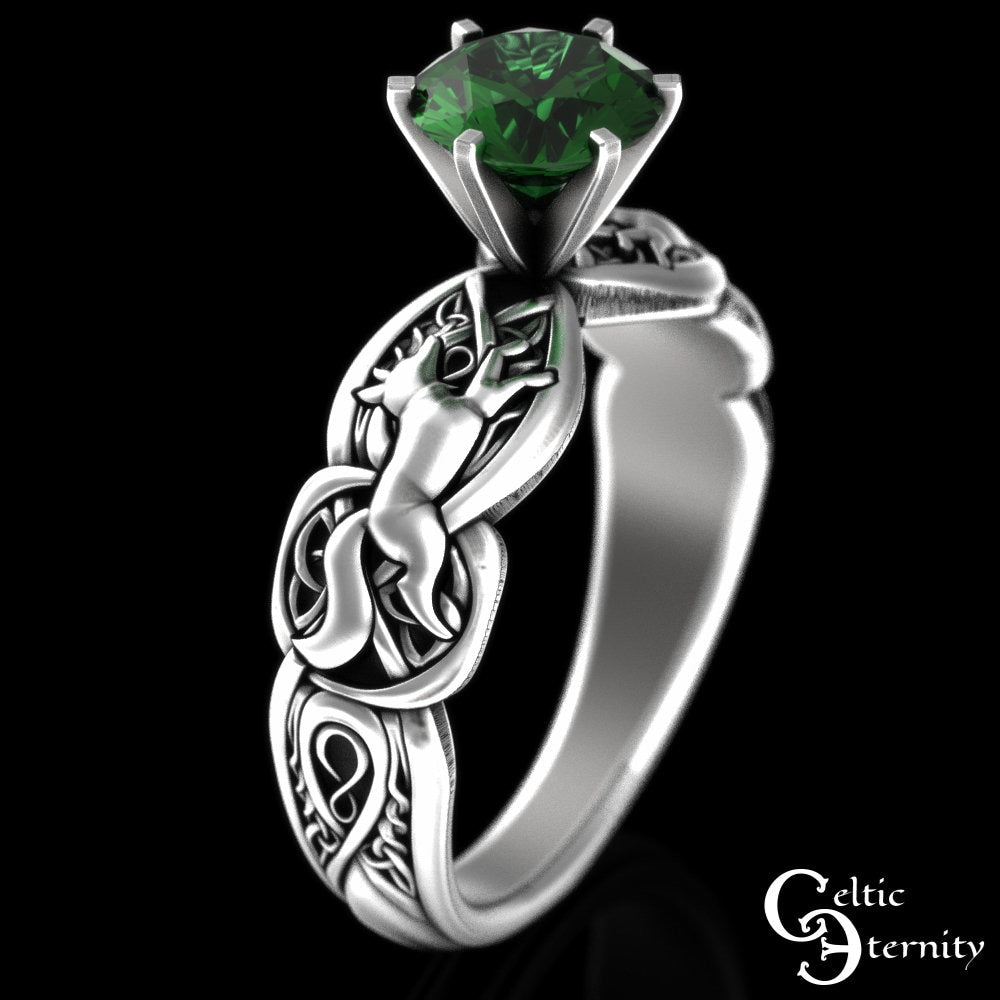 Emerald Celtic Fox Engagement Ring, Sterling Fox Solitaire Ring, Emerald Irish Wedding Ring, Silver Fox Ring, Irish Wedding Ring, 3071