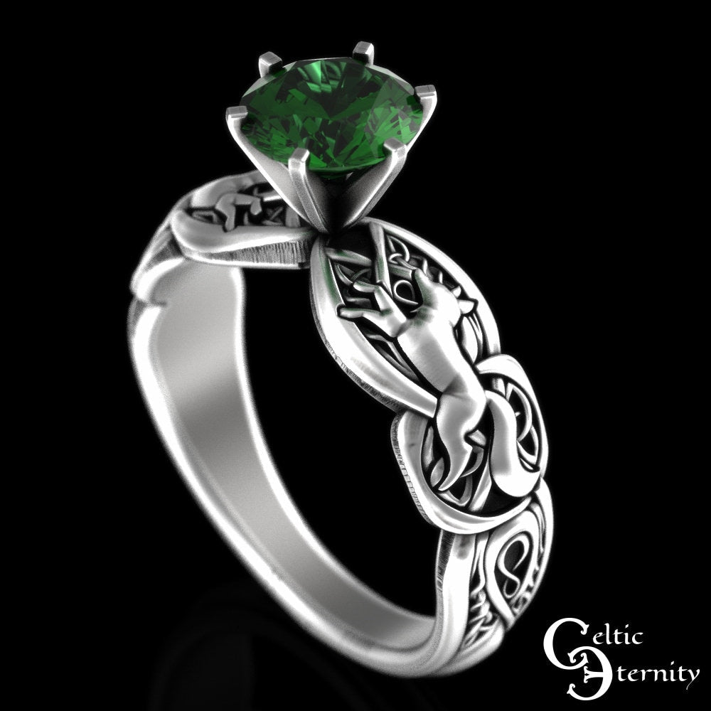 Emerald Celtic Fox Engagement Ring, Sterling Fox Solitaire Ring, Emerald Irish Wedding Ring, Silver Fox Ring, Irish Wedding Ring, 3071