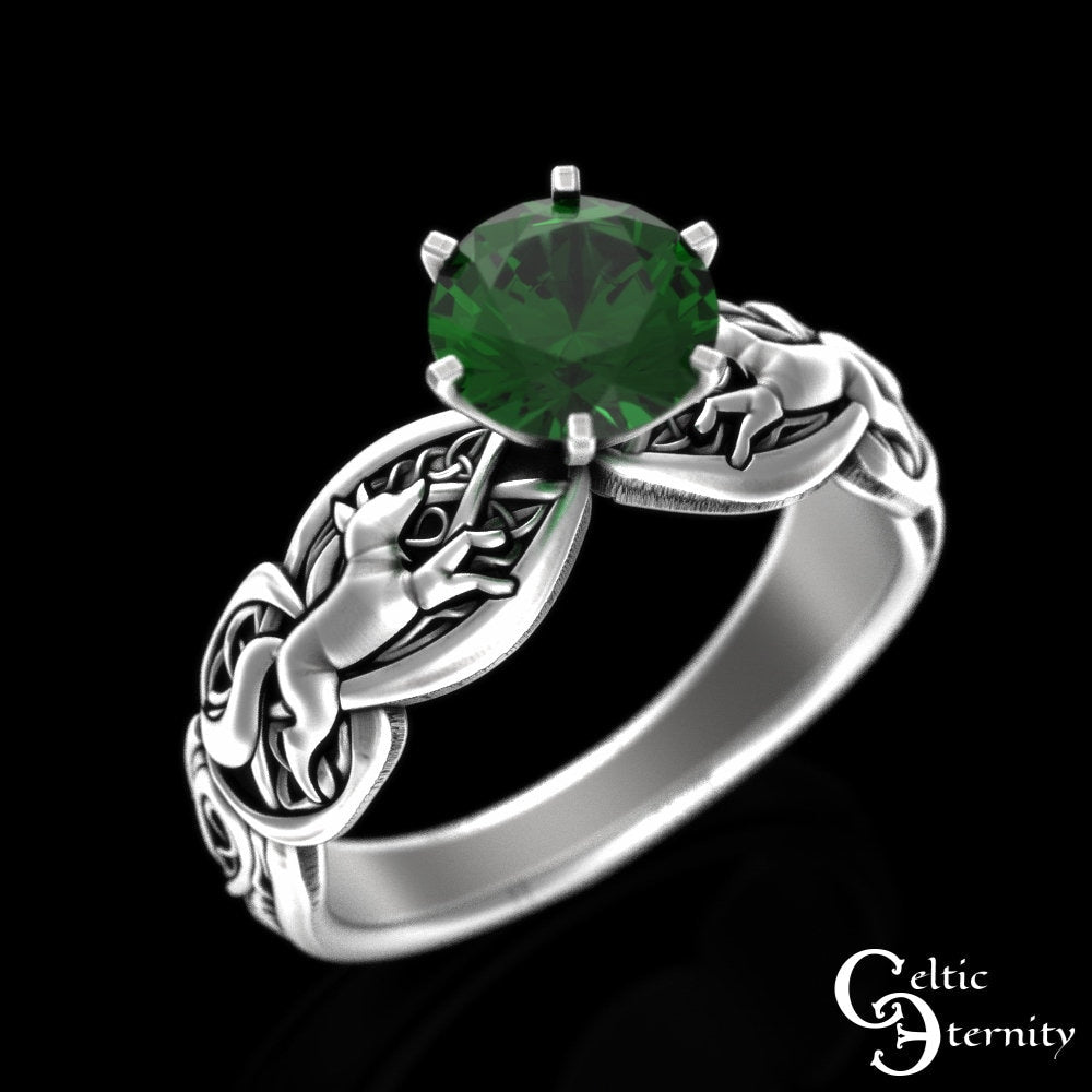 Emerald Celtic Fox Engagement Ring, Sterling Fox Solitaire Ring, Emerald Irish Wedding Ring, Silver Fox Ring, Irish Wedding Ring, 3071
