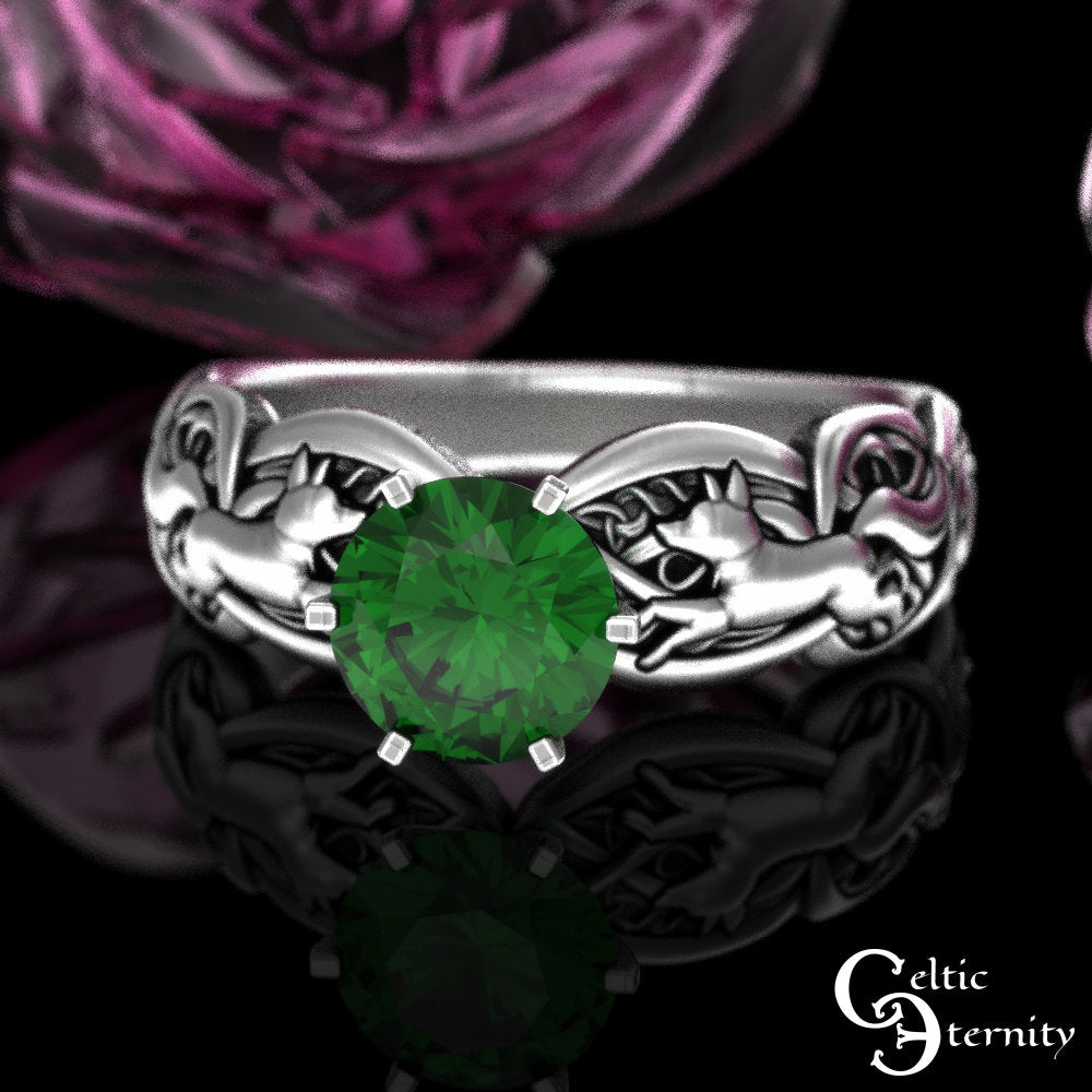 Emerald Celtic Fox Engagement Ring, Sterling Fox Solitaire Ring, Emerald Irish Wedding Ring, Silver Fox Ring, Irish Wedding Ring, 3071