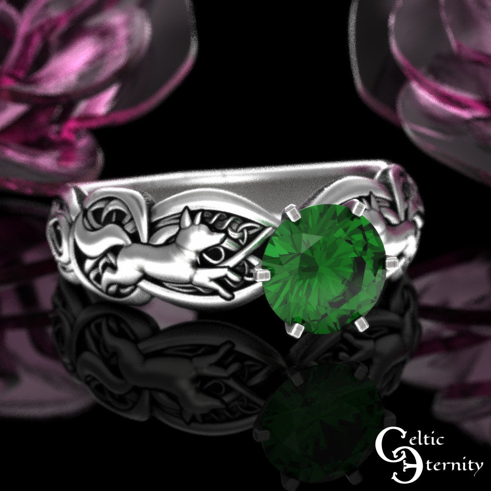 Emerald Celtic Fox Engagement Ring, Sterling Fox Solitaire Ring, Emerald Irish Wedding Ring, Silver Fox Ring, Irish Wedding Ring, 3071