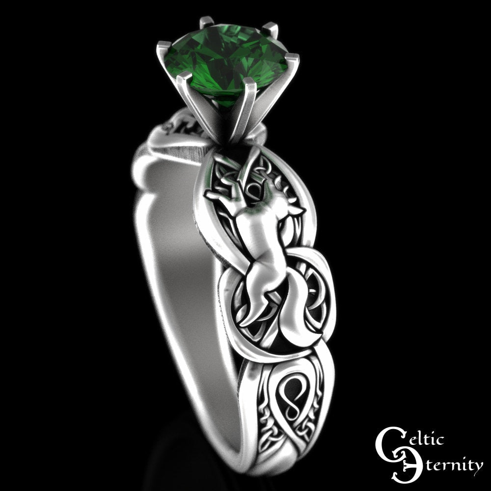 Emerald Celtic Fox Engagement Ring, Sterling Fox Solitaire Ring, Emerald Irish Wedding Ring, Silver Fox Ring, Irish Wedding Ring, 3071