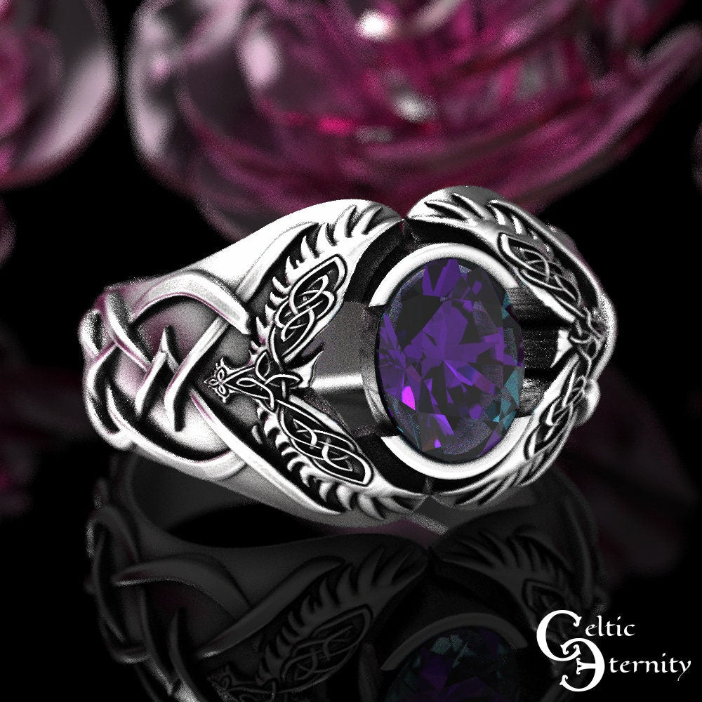 Sterling Viking Raven Ring, Alexandrite Mens Ring, Odin Raven Ring, Men Viking Ring, Celtic Wedding Band, Alexandrite Statement Ring, 1477