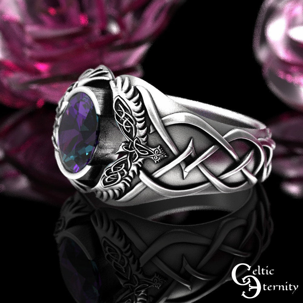 Sterling Viking Raven Ring, Alexandrite Mens Ring, Odin Raven Ring, Men Viking Ring, Celtic Wedding Band, Alexandrite Statement Ring, 1477