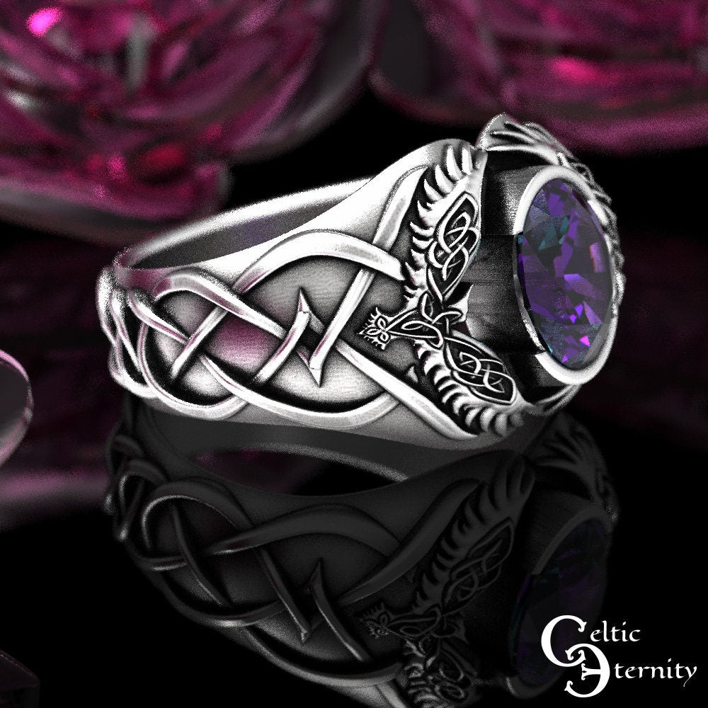 Sterling Viking Raven Ring, Alexandrite Mens Ring, Odin Raven Ring, Men Viking Ring, Celtic Wedding Band, Alexandrite Statement Ring, 1477