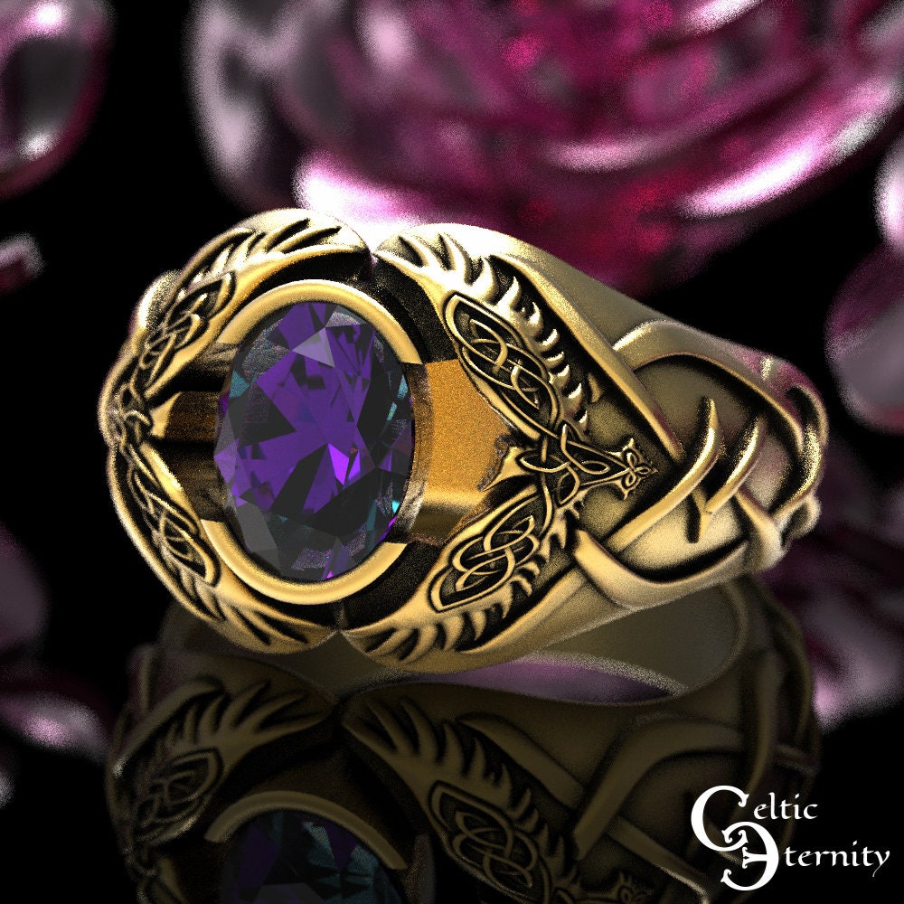 Sterling Viking Raven Ring, Alexandrite Mens Ring, Odin Raven Ring, Men Viking Ring, Celtic Wedding Band, Alexandrite Statement Ring, 1477
