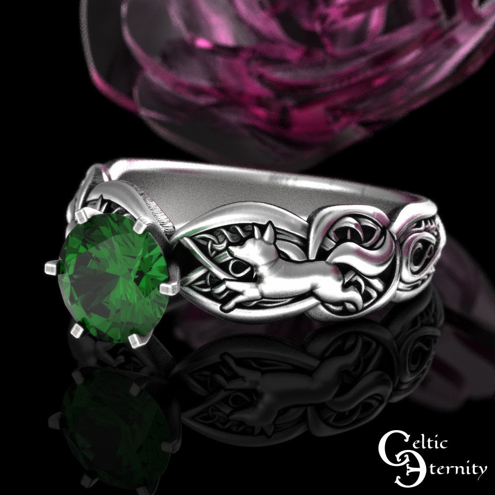 Emerald Celtic Fox Engagement Ring, Sterling Fox Solitaire Ring, Emerald Irish Wedding Ring, Silver Fox Ring, Irish Wedding Ring, 3071