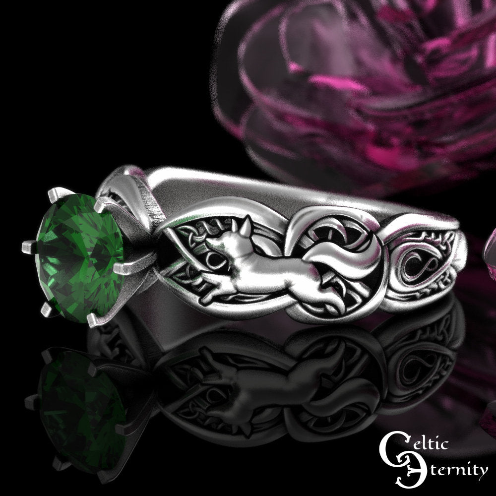 Emerald Celtic Fox Engagement Ring, Sterling Fox Solitaire Ring, Emerald Irish Wedding Ring, Silver Fox Ring, Irish Wedding Ring, 3071