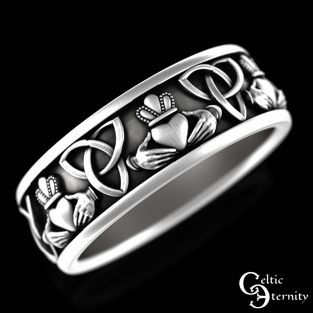 Silver Claddagh Celtic Ring, Scottish Heart Trinity Ring, Sterling Irish Wedding Ring, Mens Scottish Wedding Band, Mens Claddagh Ring, 3078