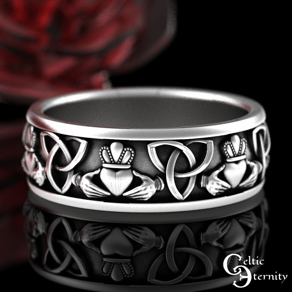 Silver Claddagh Celtic Ring, Scottish Heart Trinity Ring, Sterling Irish Wedding Ring, Mens Scottish Wedding Band, Mens Claddagh Ring, 3078