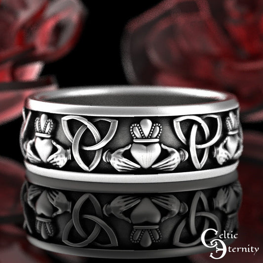Silver Claddagh Celtic Ring, Scottish Heart Trinity Ring, Sterling Irish Wedding Ring, Mens Scottish Wedding Band, Mens Claddagh Ring, 3078