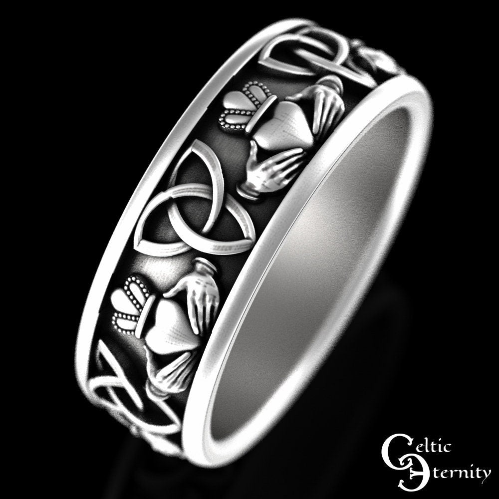 Silver Claddagh Celtic Ring, Scottish Heart Trinity Ring, Sterling Irish Wedding Ring, Mens Scottish Wedding Band, Mens Claddagh Ring, 3078