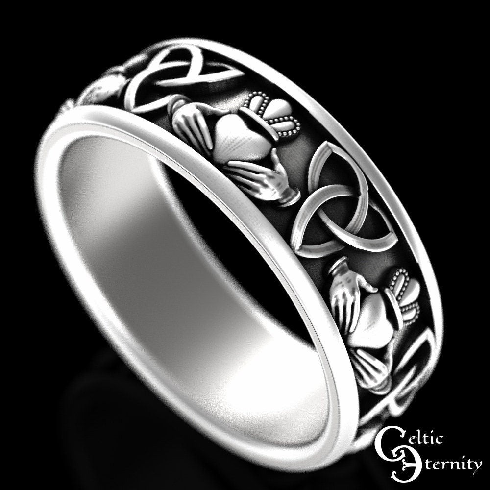 Silver Claddagh Celtic Ring, Scottish Heart Trinity Ring, Sterling Irish Wedding Ring, Mens Scottish Wedding Band, Mens Claddagh Ring, 3078