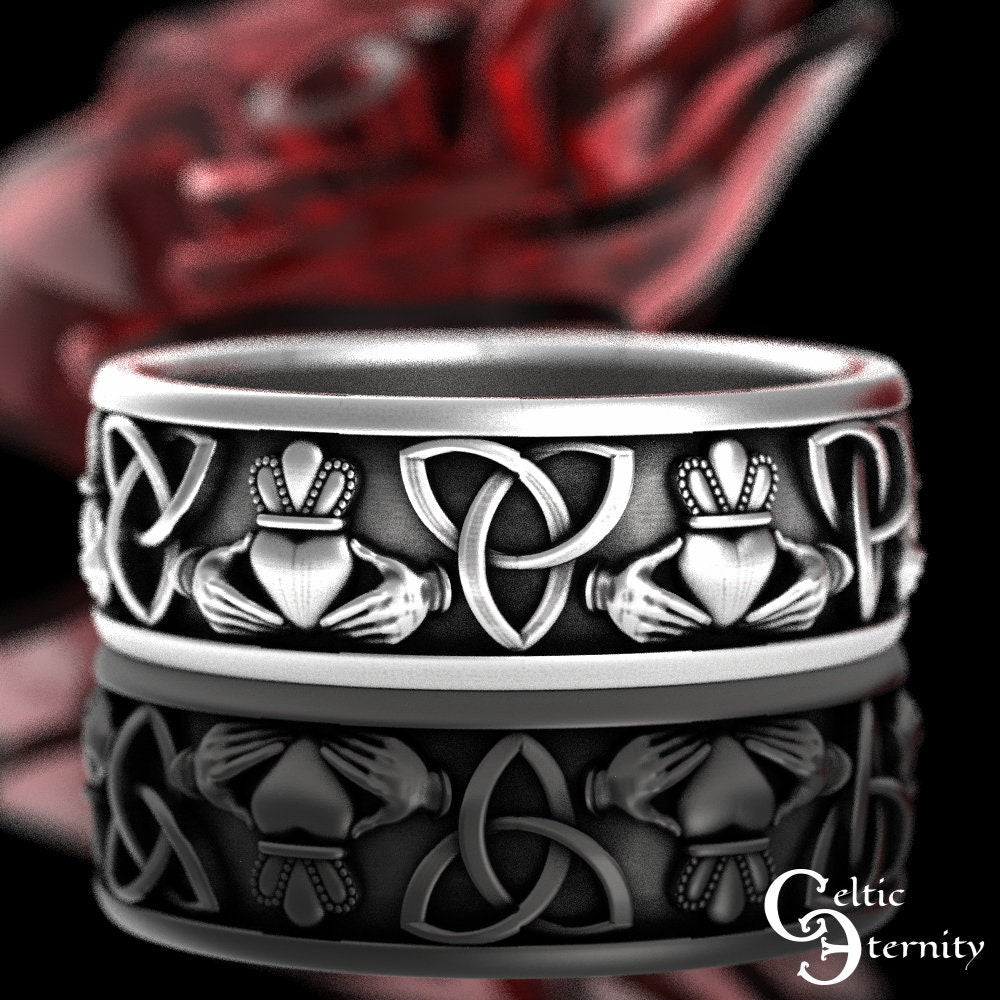 Silver Claddagh Celtic Ring, Scottish Heart Trinity Ring, Sterling Irish Wedding Ring, Mens Scottish Wedding Band, Mens Claddagh Ring, 3078