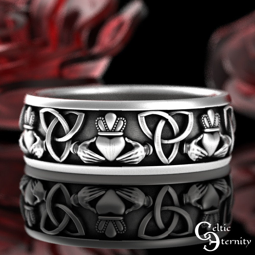 Silver Claddagh Celtic Ring, Scottish Heart Trinity Ring, Sterling Irish Wedding Ring, Mens Scottish Wedding Band, Mens Claddagh Ring, 3078
