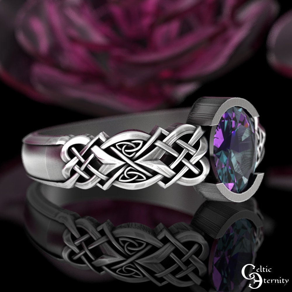 Alexandrite Bridal Ring Set, Sterling Matching Celtic Engagement Ring, Silver Irish Engagement Ring Set, Womens Heart Knotwork, 3018 3017