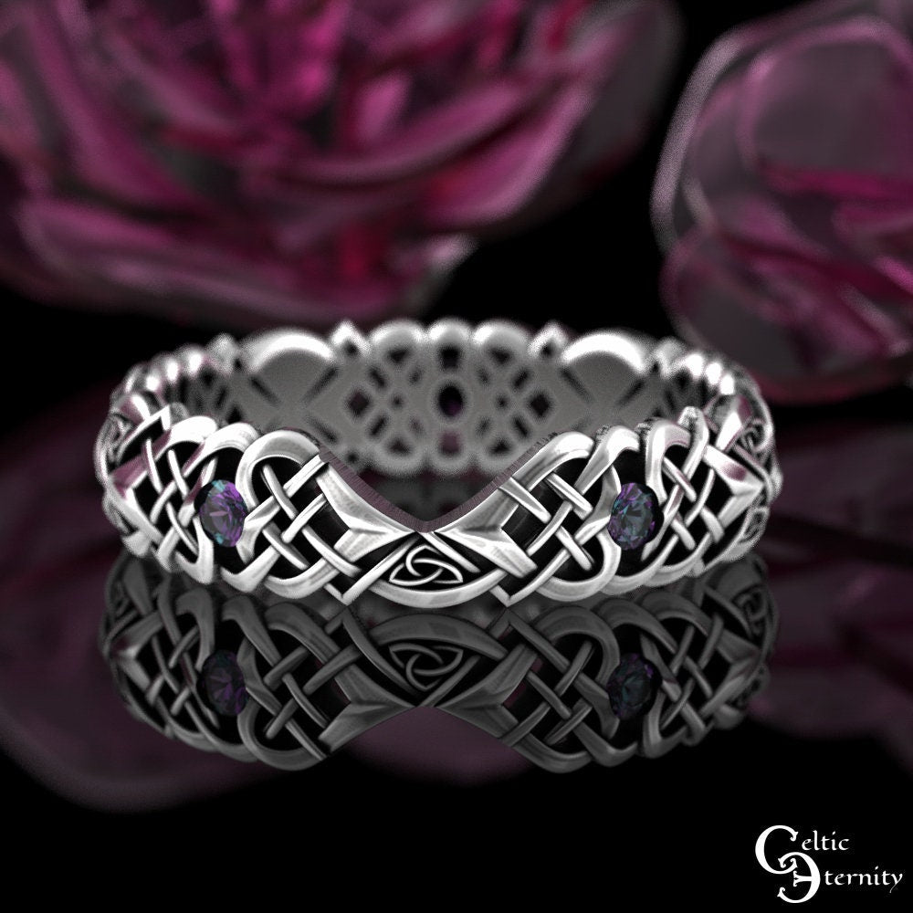 Alexandrite Bridal Ring Set, Sterling Matching Celtic Engagement Ring, Silver Irish Engagement Ring Set, Womens Heart Knotwork, 3018 3017