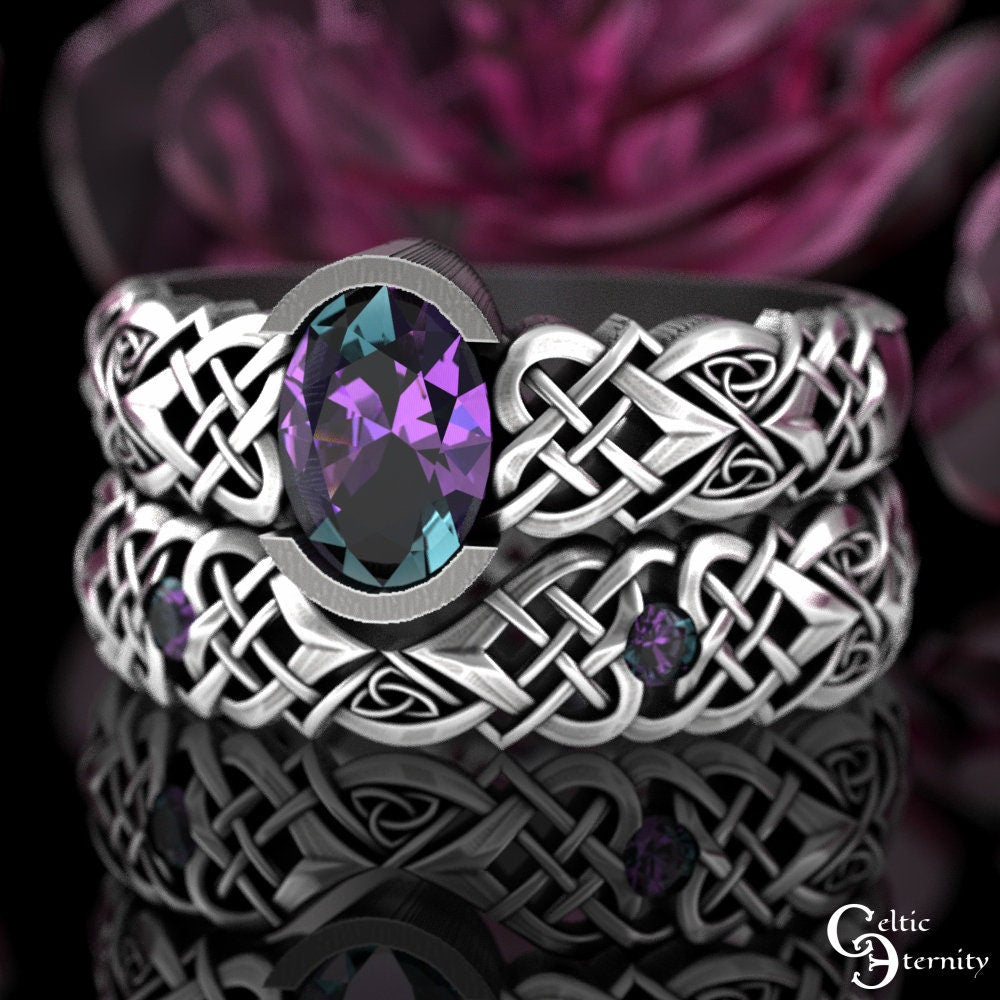 Alexandrite Bridal Ring Set, Sterling Matching Celtic Engagement Ring, Silver Irish Engagement Ring Set, Womens Heart Knotwork, 3018 3017