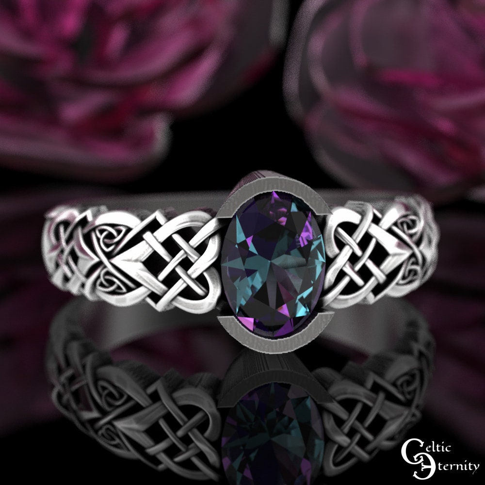 Alexandrite Bridal Ring Set, Sterling Matching Celtic Engagement Ring, Silver Irish Engagement Ring Set, Womens Heart Knotwork, 3018 3017