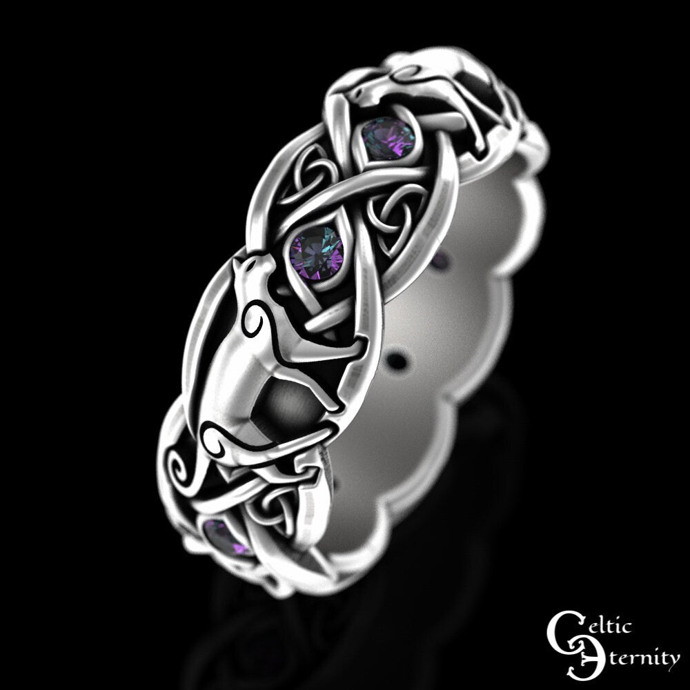 Alexandrite Cat Ring, Sterling Silver Cat Ring, Swirl Cat Wedding Ring, Cat Lover Ring, Kitten Ring, Feline Ring, Kitty Cat Jewelry, 3097
