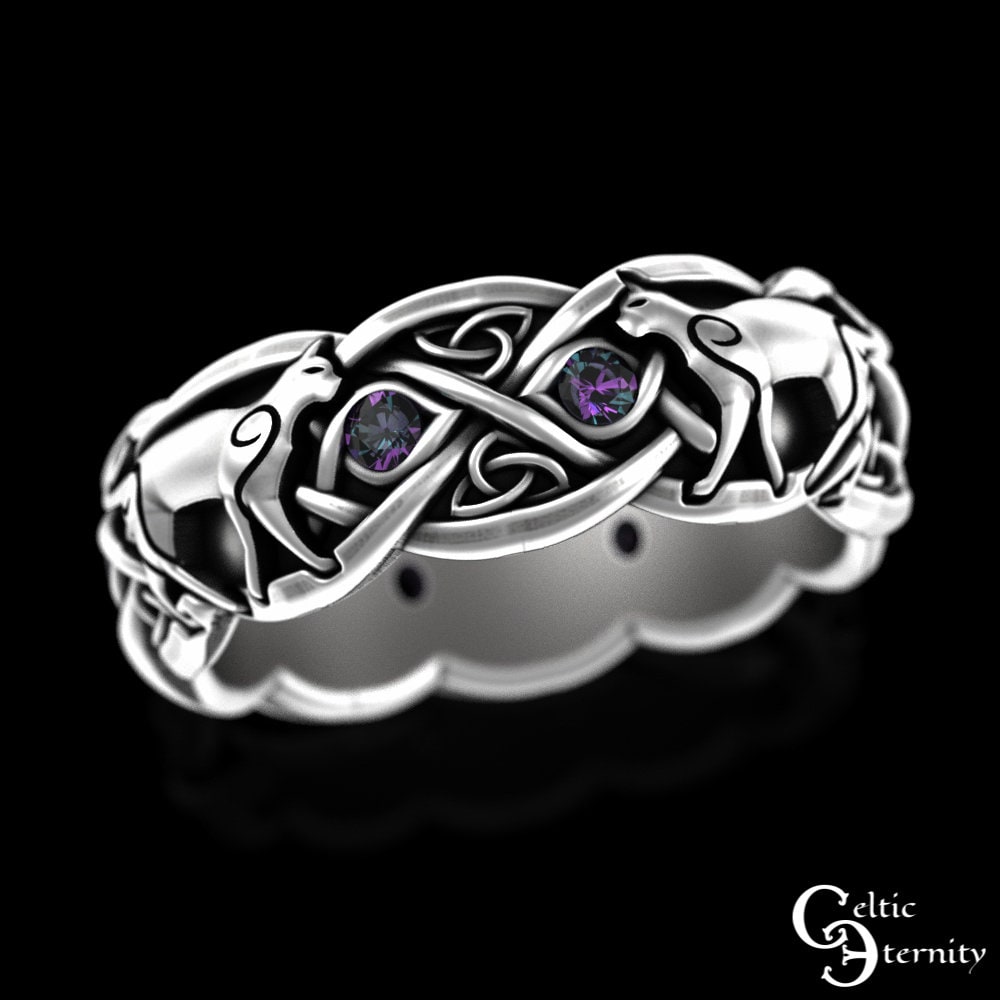 Alexandrite Cat Ring, Sterling Silver Cat Ring, Swirl Cat Wedding Ring, Cat Lover Ring, Kitten Ring, Feline Ring, Kitty Cat Jewelry, 3097