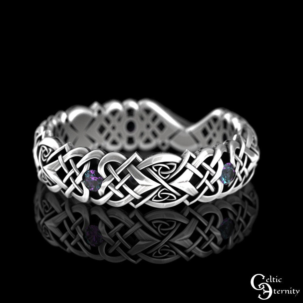 Alexandrite Bridal Ring Set, Sterling Matching Celtic Engagement Ring, Silver Irish Engagement Ring Set, Womens Heart Knotwork, 3018 3017