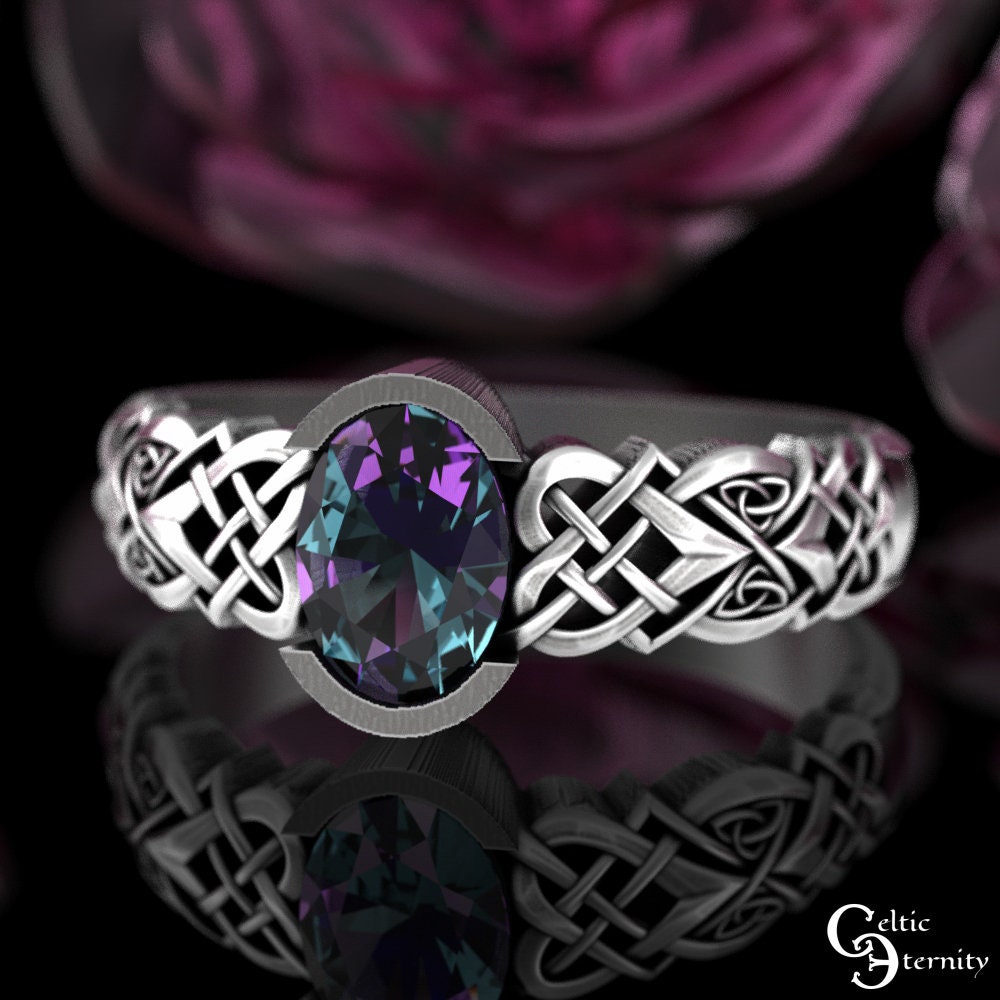 Alexandrite Bridal Ring Set, Sterling Matching Celtic Engagement Ring, Silver Irish Engagement Ring Set, Womens Heart Knotwork, 3018 3017